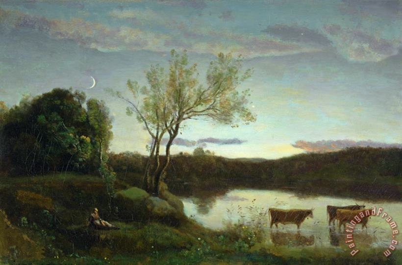 A Pond with three Cows and a Crescent Moon painting - Jean Baptiste Camille Corot A Pond with three Cows and a Crescent Moon Art Print