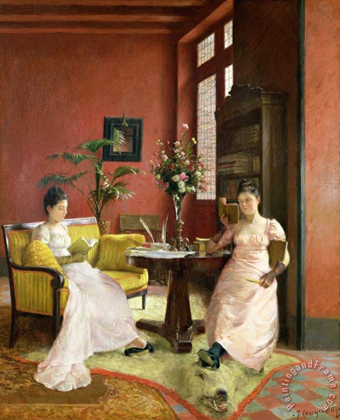 Two Women Reading in an Interior painting - Jean Georges Ferry Two Women Reading in an Interior Art Print