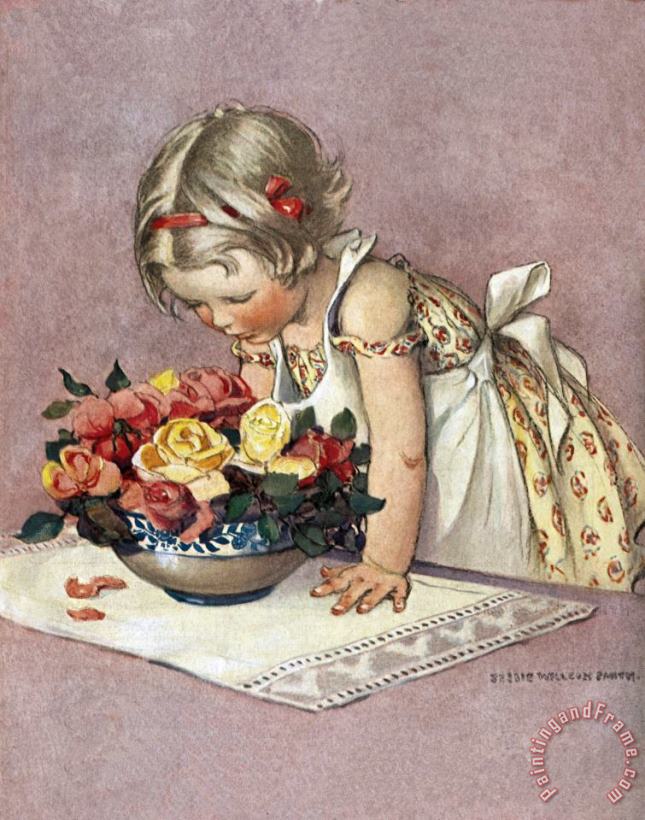 Jessie Willcox Smith Little Girl Admiring a Bowl of Roses Art Print