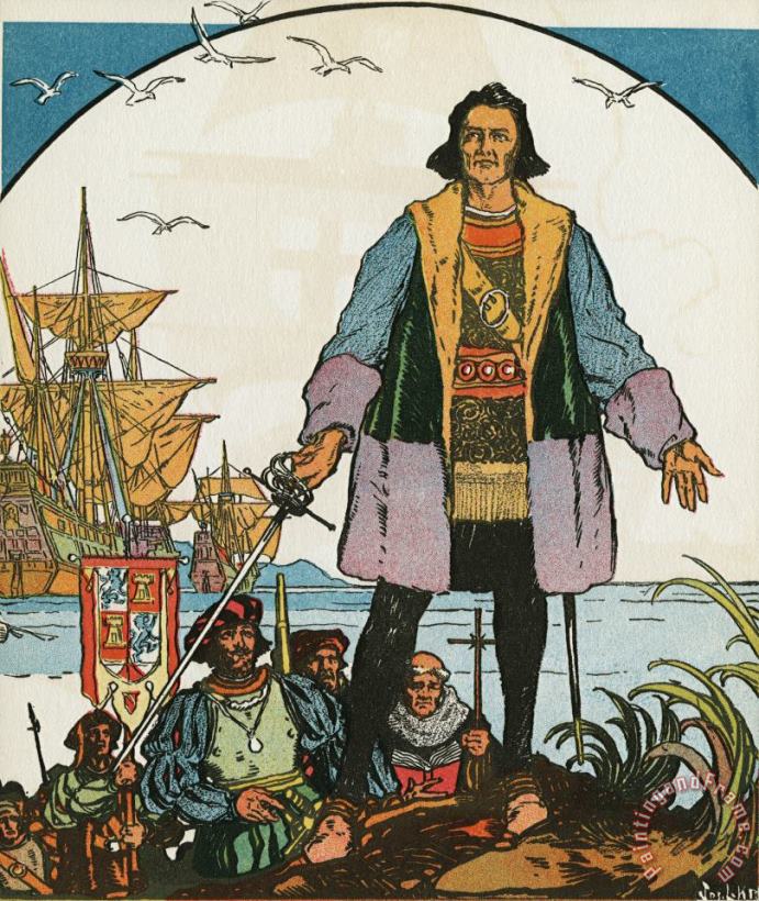 J.L. Kraemer Explorer Christopher Columbus Standing on Shore Art Painting