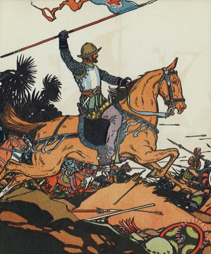 Spanish Conquistador Hernan Cortes (cortez) Riding a Horse Into Battle Carrying a Flag painting - J.L. Kraemer Spanish Conquistador Hernan Cortes (cortez) Riding a Horse Into Battle Carrying a Flag Art Print