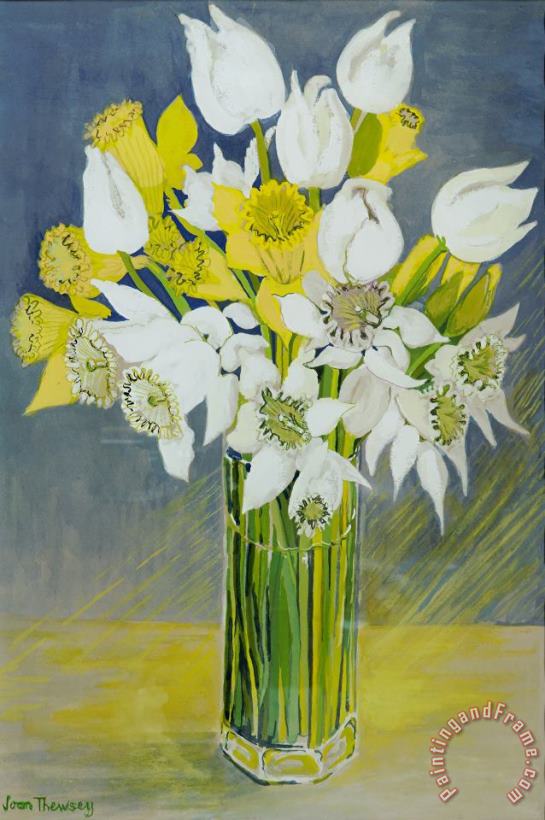 Joan Thewsey Daffodils And White Tulips In An Octagonal Glass Vase Art Print