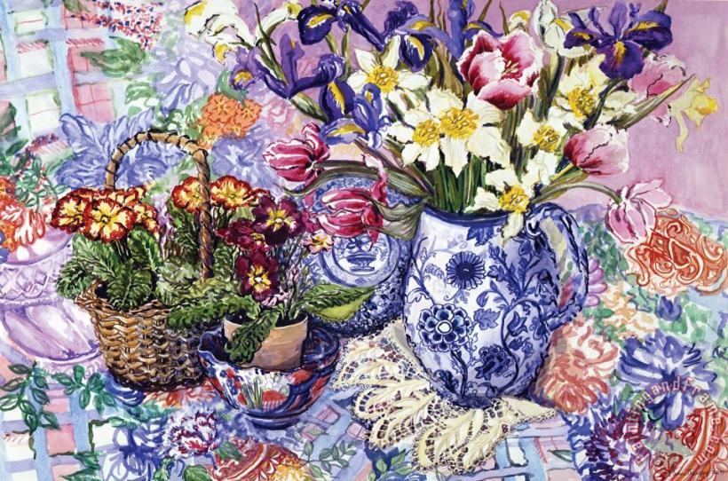Joan Thewsey Daffodils Tulips And Iris In A Jacobean Blue And White Jug With Sanderson Fabric And Primroses Art Print