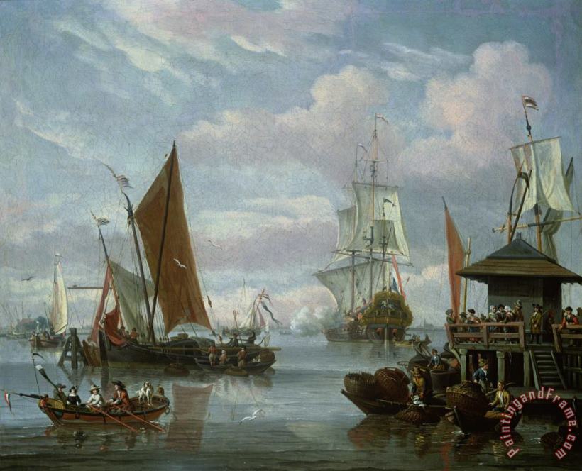 Johannes de Blaauw Estuary Scene with Boats and Fisherman Art Painting