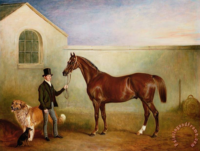 Mr Meakin Holding Sir Robert Peels Chestnut Hunter With His Dogs Hector And Jem painting - John E Ferneley Mr Meakin Holding Sir Robert Peels Chestnut Hunter With His Dogs Hector And Jem Art Print