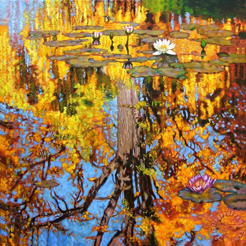 Golden Reflections on Lily Pond painting - John Lautermilch Golden Reflections on Lily Pond Art Print