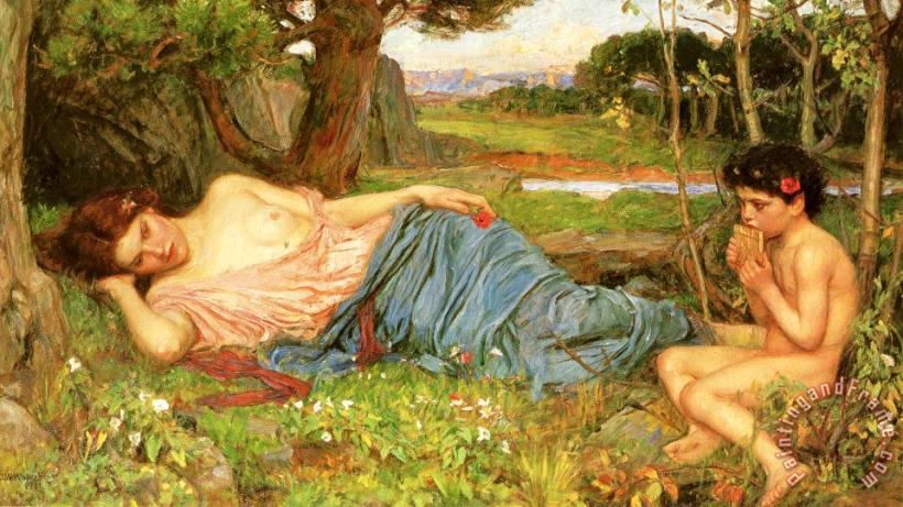 Listening to His Sweet Pipings painting - John William Waterhouse Listening to His Sweet Pipings Art Print