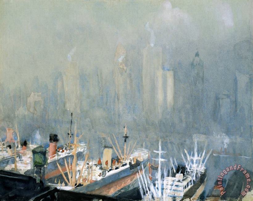Joseph Pennell New York City Skyline From Brooklyn Harbor, Ships Docked in Foreground Art Print