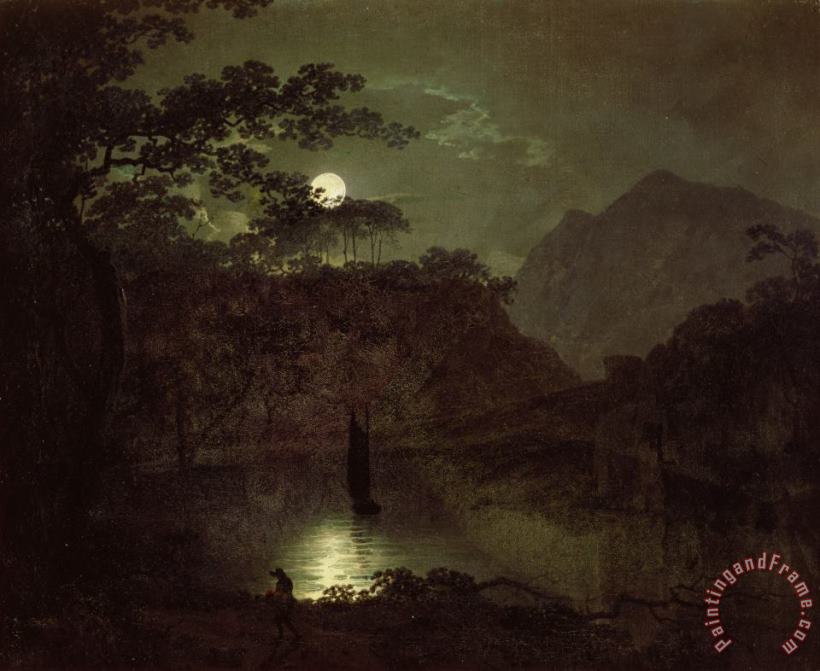 A Lake by Moonlight painting - Joseph Wright of Derby A Lake by Moonlight Art Print