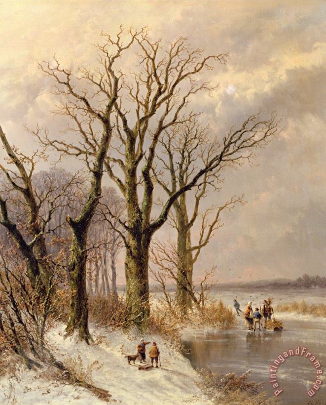 Winter landscape with faggot gatherers conversing on a frozen lake painting - Josephus Gerardus Hans Winter landscape with faggot gatherers conversing on a frozen lake Art Print