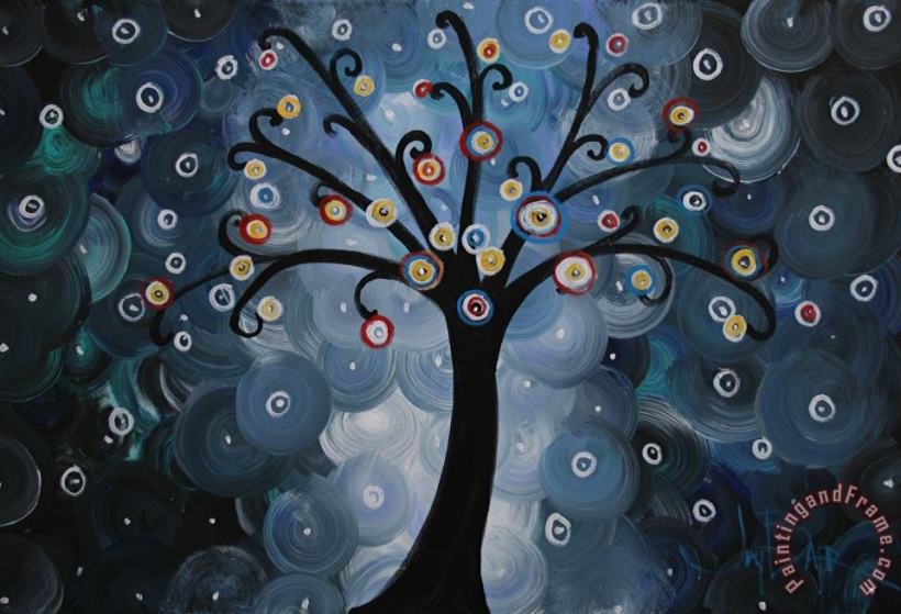 Solo Blue Dream Tree Spiral Night painting - Joy Baer Solo Blue Dream Tree Spiral Night Art Print
