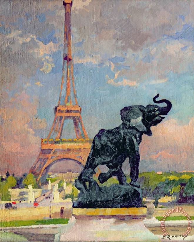 The Eiffel Tower and the Elephant by Fremiet painting - Jules Ernest Renoux The Eiffel Tower and the Elephant by Fremiet Art Print