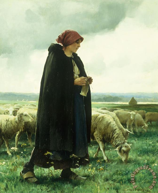 Julien Dupre A Shepherdess With Her Flock Art Painting