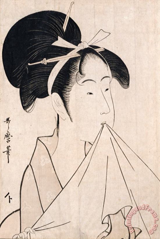 A Bust Portrait of Okita of The Naniwaya Holding a Hand Towel in Her Teeth And Stretching The Cloth painting - Kitagawa Utamaro A Bust Portrait of Okita of The Naniwaya Holding a Hand Towel in Her Teeth And Stretching The Cloth Art Print