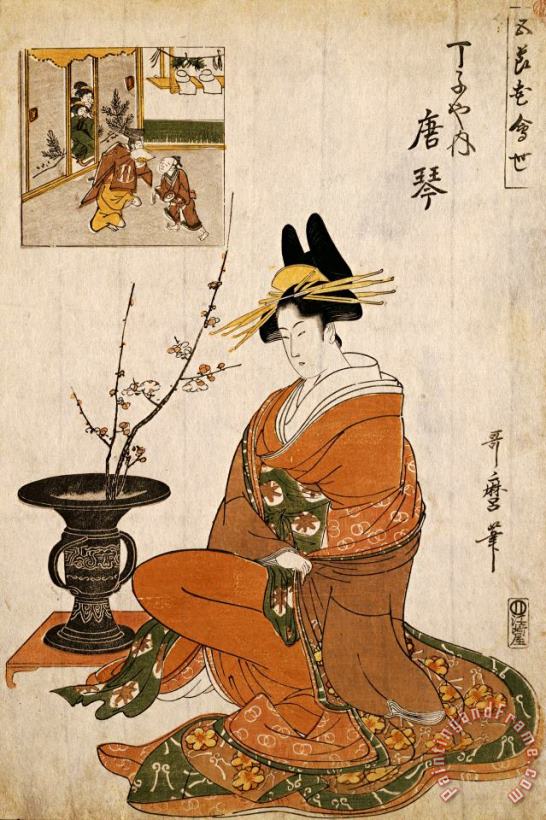 The Courtesan Karakoto of The Chojiya Seated by an Arrangement of Plum Flowers painting - Kitagawa Utamaro The Courtesan Karakoto of The Chojiya Seated by an Arrangement of Plum Flowers Art Print