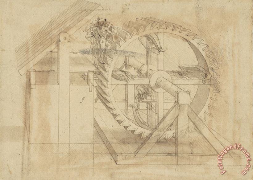 Leonardo da Vinci War Machine Composed Of Big Wheel With 44 Steps Set In Motion By Weight Of Ten Men And By Soldier Art Painting