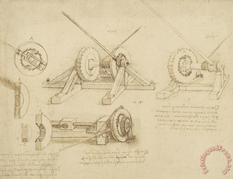 Leonardo da Vinci Winch Great Spring Catapult And Ladder From Atlantic Codex Art Painting