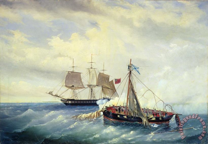 Leonid Demyanovich Blinov Battle between the Russian ship Opyt and a British frigate off the coast of Nargen Island Art Print