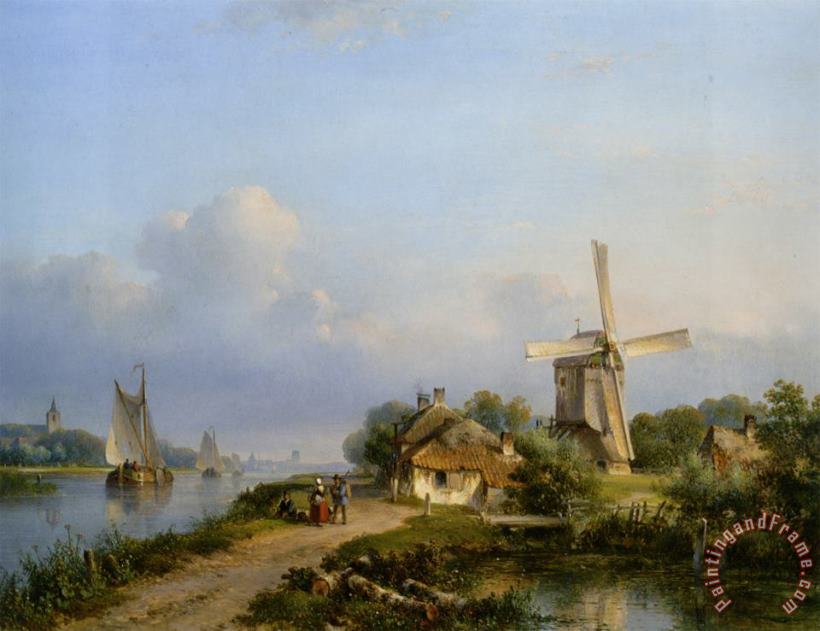 Figures on a Canal Near a Windmill painting - Lodewijk Johannes Kleijn Figures on a Canal Near a Windmill Art Print