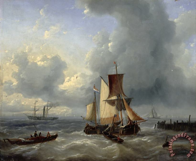 Louis Verboeckhoven Shipping off a Jetty Art Print