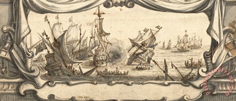 Ludolf Backhuysen Zeegevecht in Een Cartouche Art Painting