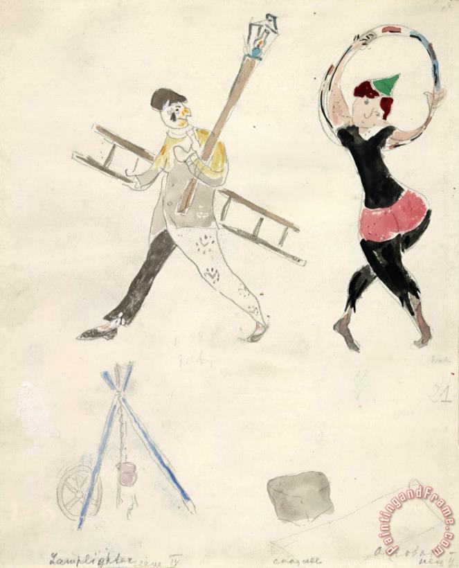 Marc Chagall A Lamplighter And an Acrobat, Costume Design for Aleko (scene Iv). (1942) Art Print