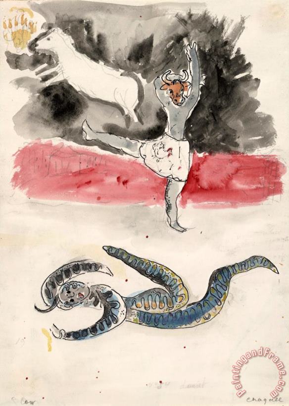 A Snake And a Cow, Costume Design for Aleko (scene Iv). (1942) painting - Marc Chagall A Snake And a Cow, Costume Design for Aleko (scene Iv). (1942) Art Print