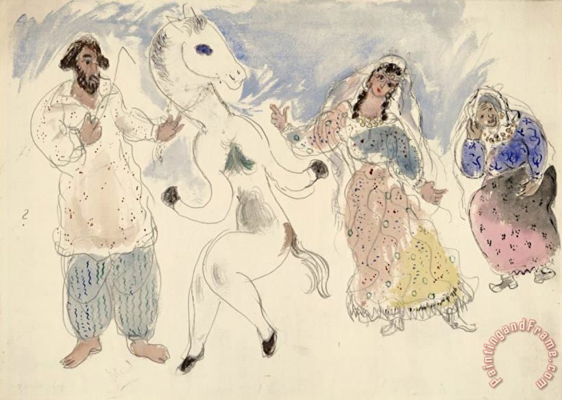 Gypsies And a Horse, Costume Design for Aleko (scene Iv). (1942) painting - Marc Chagall Gypsies And a Horse, Costume Design for Aleko (scene Iv). (1942) Art Print