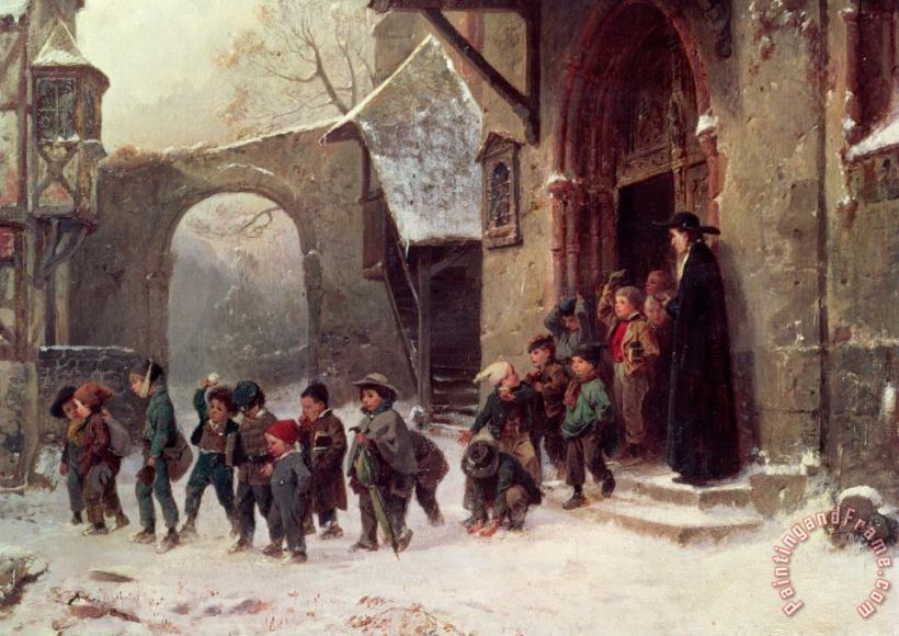 Marc Louis Benjamin Vautier Snow Scene Children Leaving School Art Painting