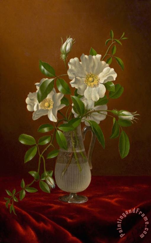 Martin Johnson Heade Cherokee Roses in a Glass Vase Art Painting