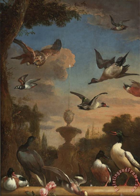 Melchior de Hondecoeter Classical Garden Landscape with a Mallard, a Golden Eagle, And Other Wild Fowl in Flight Art Painting