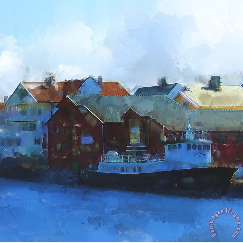 Haugesund Harbour Smeasund painting - Michael Greenaway Haugesund Harbour Smeasund Art Print