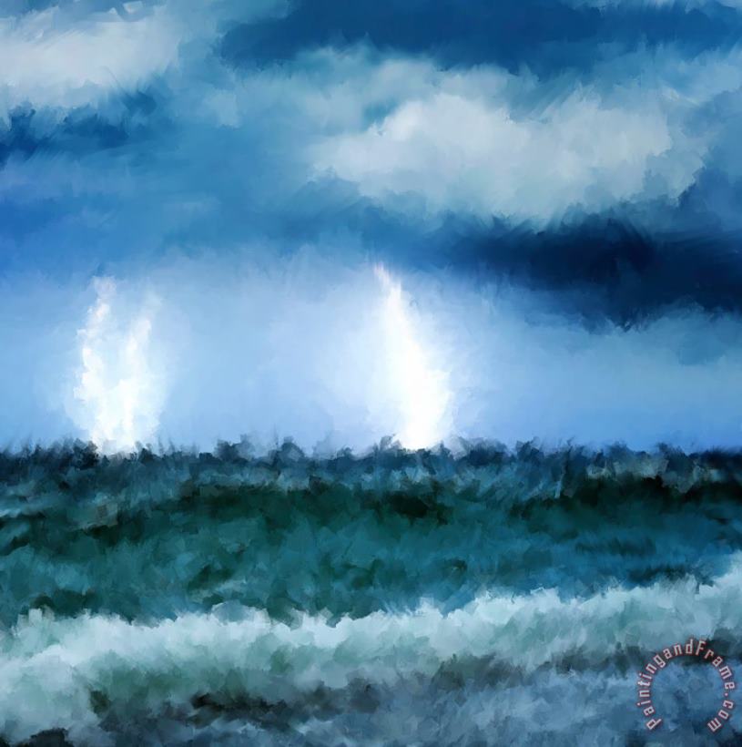 Thunder and lightning at sea painting - Michael Greenaway Thunder and lightning at sea Art Print