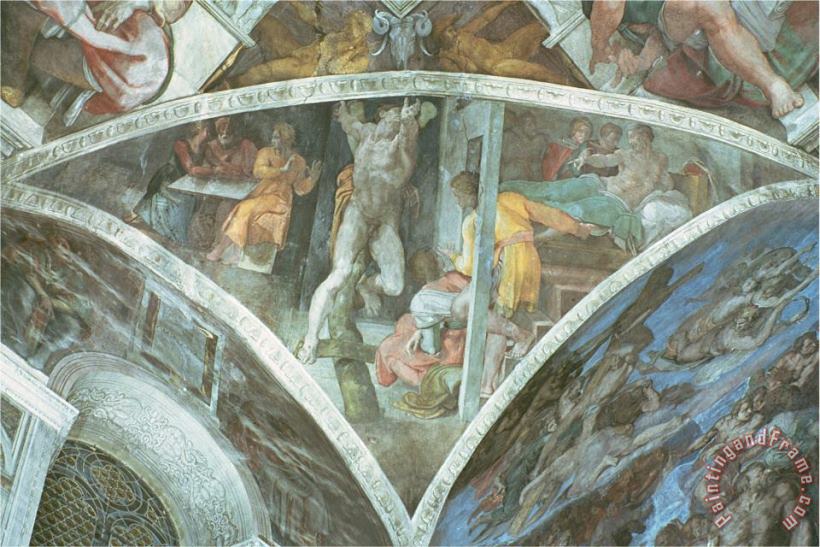 Michelangelo Buonarroti Sistine Chapel Ceiling Haman Spandrel Pre Restoration Art Painting
