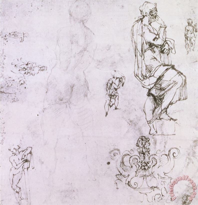 Sketches of Male Nudes a Madonna And Child And a Decorative Emblem painting - Michelangelo Buonarroti Sketches of Male Nudes a Madonna And Child And a Decorative Emblem Art Print