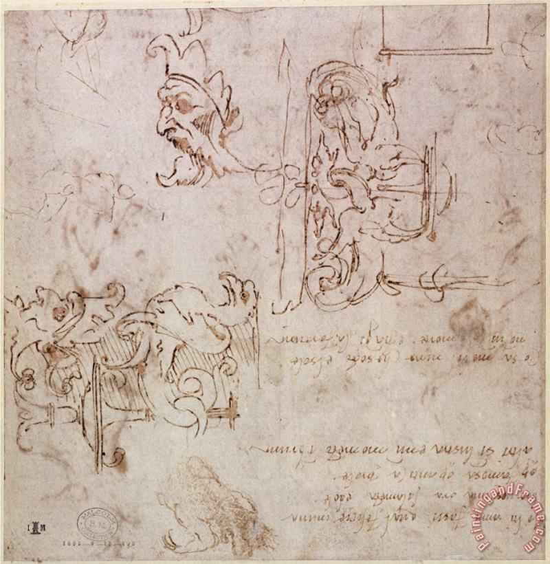 Michelangelo Buonarroti W 3v Roughly Sketched Designs for Furniture And Decorations Art Print
