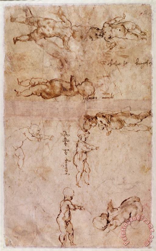 Michelangelo Buonarroti W 4v Page of Sketches of Babies Or Cherubs Art Print