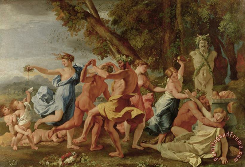 Bacchanal before a Herm painting - Nicolas Poussin Bacchanal before a Herm Art Print
