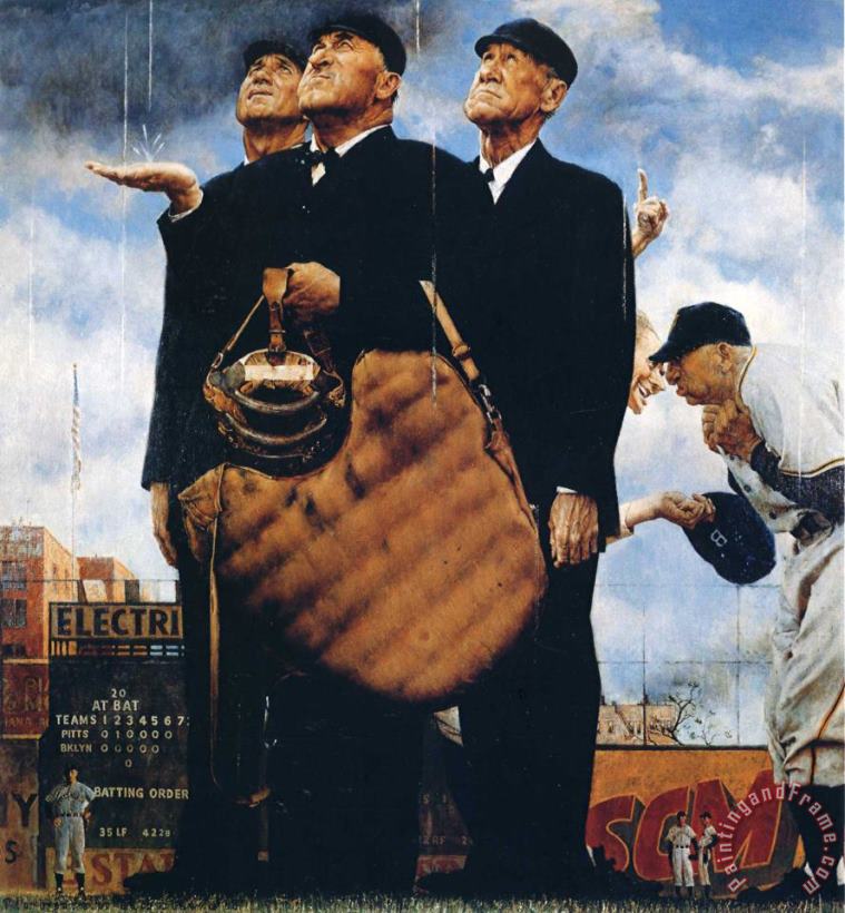 Norman Rockwell Game Called Because of Rain Tough Call 1949 Art Painting