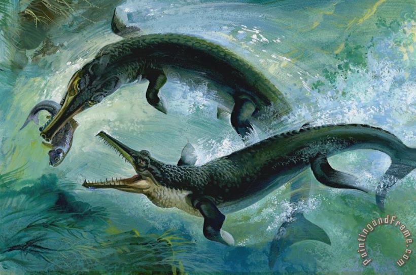 Others Pre-historic Crocodiles Eating a Fish Art Painting