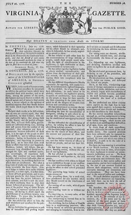 Virginia Gazette, 1776 painting - Others Virginia Gazette, 1776 Art Print