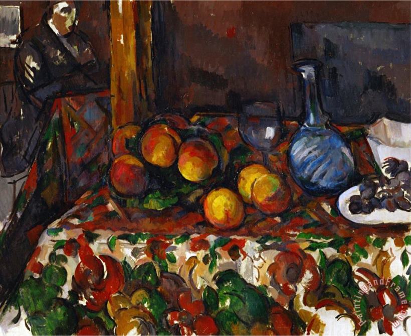 Still Life with Peaches Carafe And Figures Circa 1900 painting - Paul Cezanne Still Life with Peaches Carafe And Figures Circa 1900 Art Print