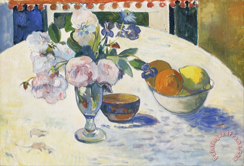 Paul Gauguin Flowers And a Bowl of Fruit on a Table Art Print