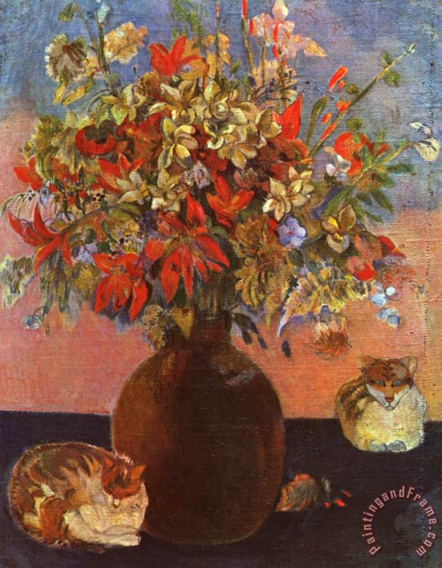Paul Gauguin Flowers And Cats Art Print