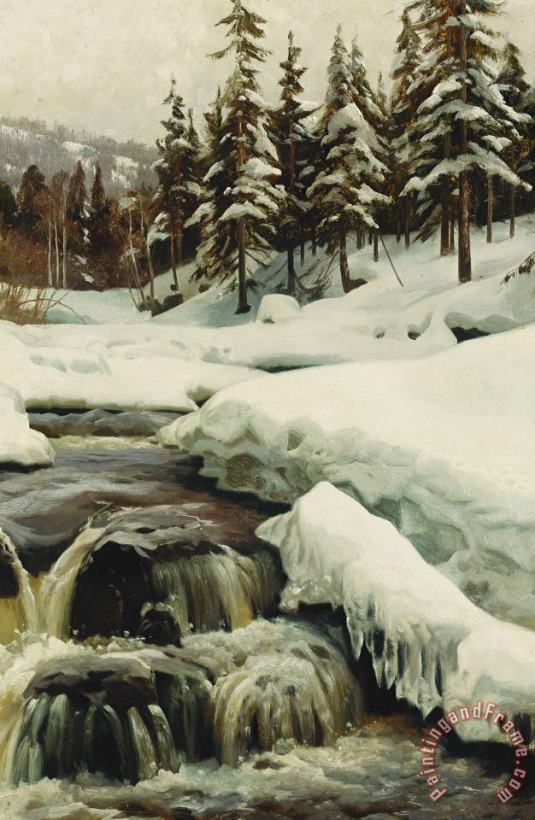 Peder Monsted A Winter Landscape With A Mountain Torrent Art Painting