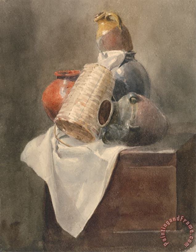 Peter de Wint Still Life Pots, Basket And Cloth on a Chest Art Print