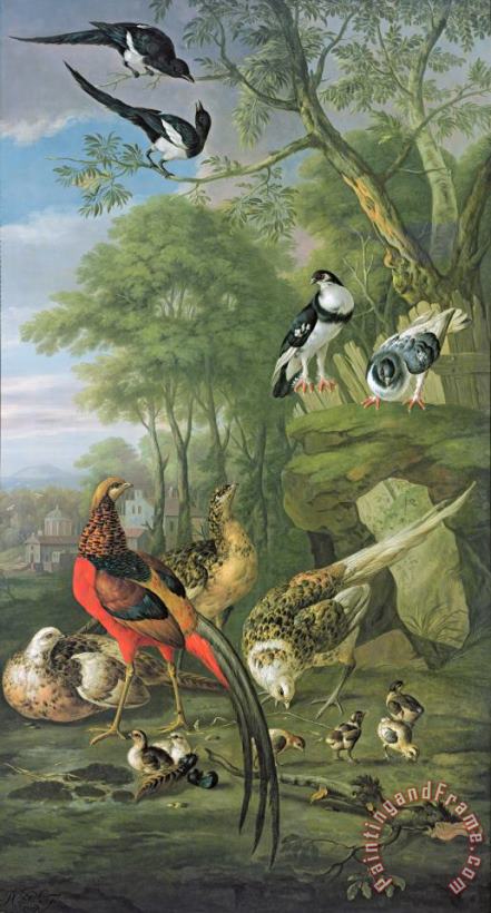 Pieter Casteels Cock Pheasant Hen Pheasant And Chicks And Other Birds In A Classical Landscape Art Painting