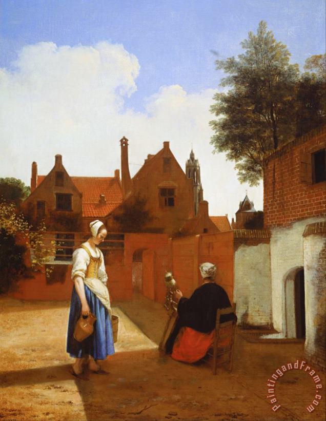 Pieter de Hooch Courtyard in Delft at Evening a Woman Spinning Art Painting