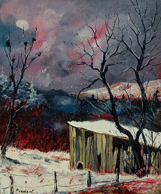 Old barn in winter painting - Pol Ledent Old barn in winter Art Print