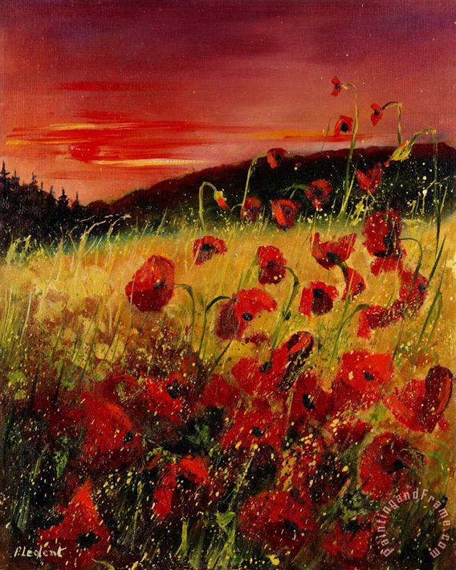Pol Ledent Red poppies and sunset Art Print